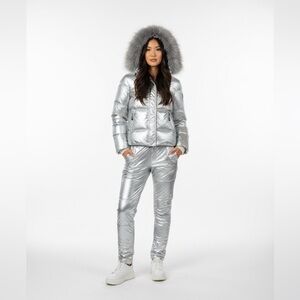 Jetset St Moritz Silver Puffer Ski Jacket with Fur Hood sz 0